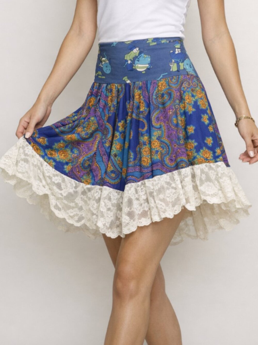 MARCIA BLOOM SANTA MONICA Avant Garde Maximalist Lace Satin Skirt Paisley Boho